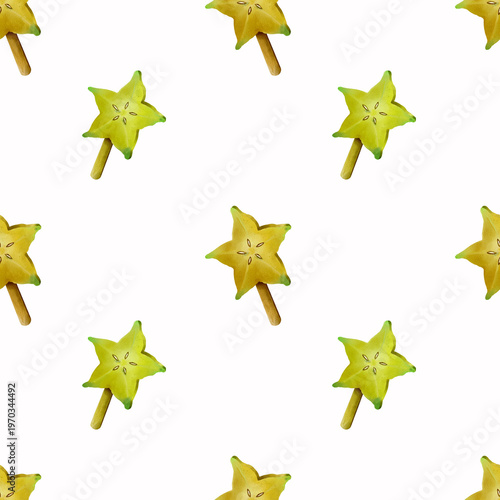 Watercolor seamless pattern with carambola, carambola slices on sticks. Watercolor fruits on white background