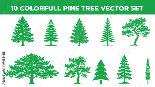Ten colorful pine tree vector set a diverse collection of evergreen tree illustrations