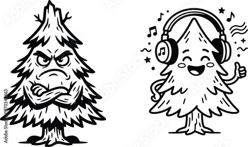 Two cartoon trees one grumpy one joyful with headphones