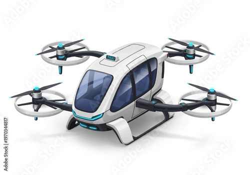 White Futuristic Flying Taxi with Propellers.