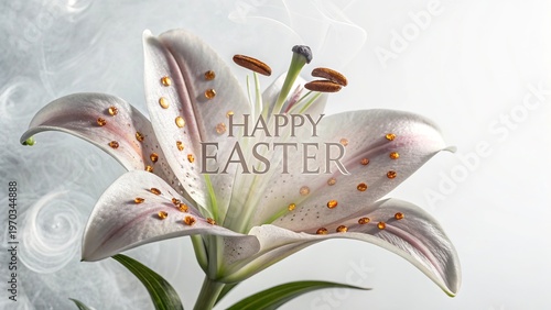 Elegant Easter lily flower closeup with golden details and soft background.
