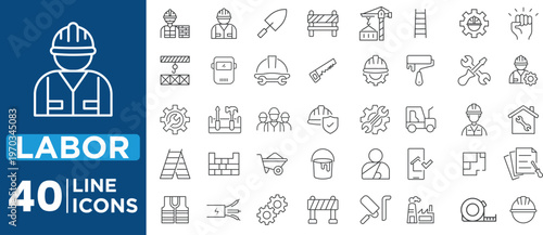 Labor icon set 40 line icons for workers construction and occupational safety