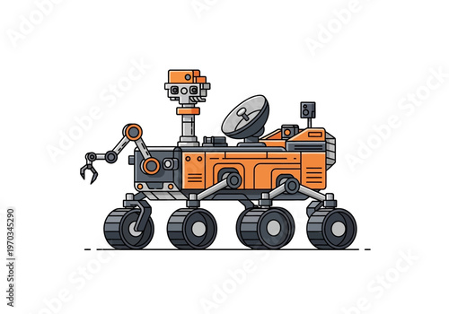 Orange Robotic Rover Vehicle with Mechanical Arm.