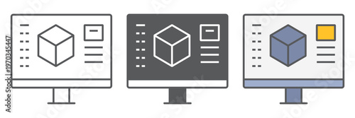 3d design line icon, model and computer, 3d modeling sign, vector graphics, a linear pattern on a white background.