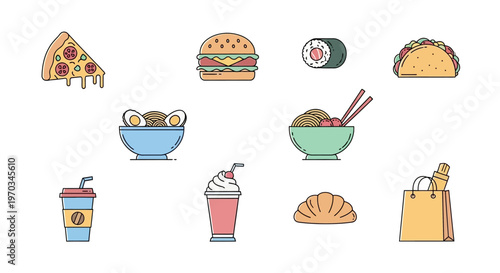 Colorful fast food icons on white.