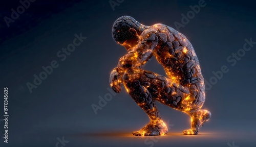 A glowing figure of a person, crouching in a moment of reflection. The body appears as molten rock, radiating warm light. This conceptual art embodies emotion and transformation. AI.