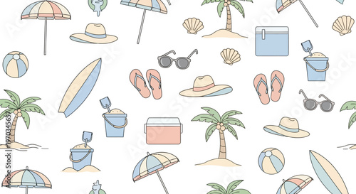 Beach summer vacation accessories icons.