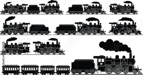 Vintage Steam Train Icons Set with Locomotives, Carriages, and Railroad Tracks for Transportation, History, and Travel Themes