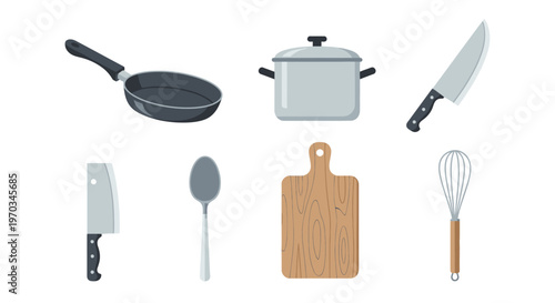 Illustrated kitchen tools set pan pot knife spoon chopping board whisk
