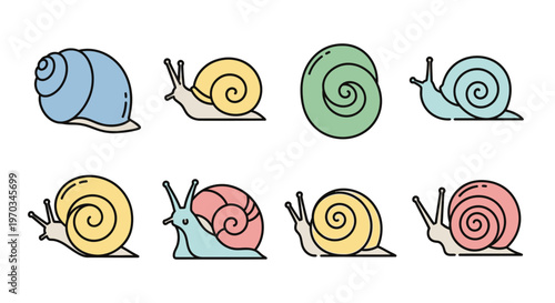 Colorful cartoon snail illustrations in various poses.