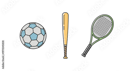 Sports equipment icons soccer ball baseball bat tennis racket.