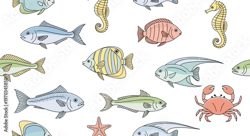 Colorful ocean fish and sea creatures.