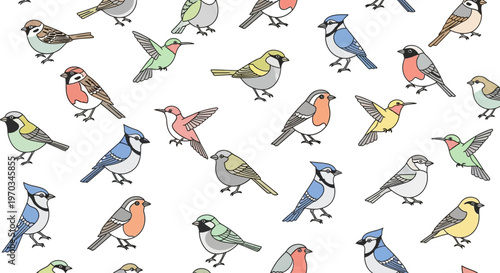 Colorful birds in various poses flying.