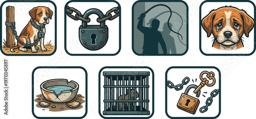 Animal cruelty awareness concept vector icon set, sad dog chained cage lock key broken bowl abuse prevention illustration, rescue and protection campaign design