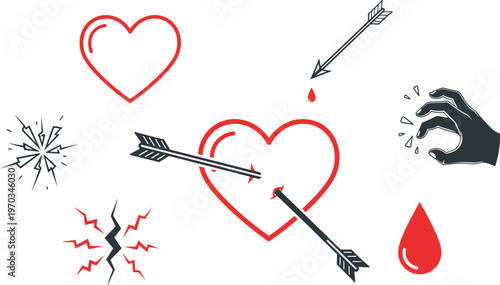 Broken heart love pain icon set vector illustration, arrow pierced heart crack symbols, emotional heartbreak elements, minimal line design isolated romantic concept