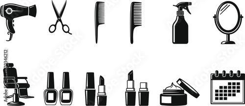 Beauty and Salon Tools Icons Set with Hair Dryer, Scissors, Comb, Mirror, Lipstick, Nail Polish, and Skincare Products for Hair, Makeup, and Personal Care