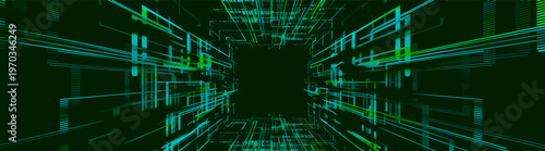 A rapid movement through a digital tunnel formed by streams of glowing dots and lines. The illustration conveys the speed, energy, and atmosphere of a high-tech future.