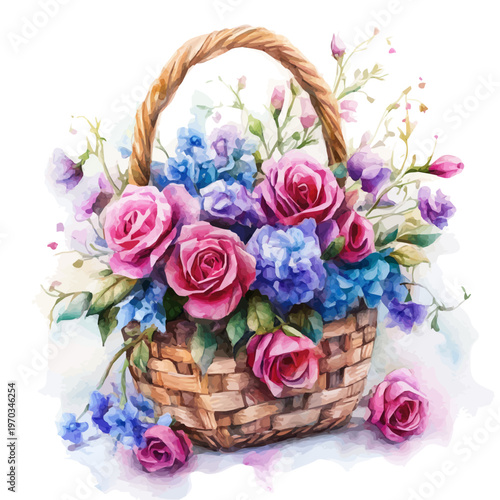 Delphinium Basket, semi-realistic fantasy artwork, realistic details with magical touch, watercolor painting, white background