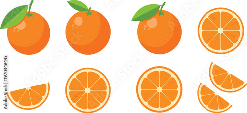 Orange fruit vector set. Collection of whole oranges, round slices and wedge pieces. Clean flat citrus illustration for food design, packaging and fresh healthy concepts.