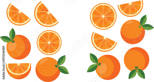 Orange fruit vector elements set. Collection of whole oranges, slices and wedge segments with leaves. Bright flat citrus illustration for food design, packaging and fresh concepts.