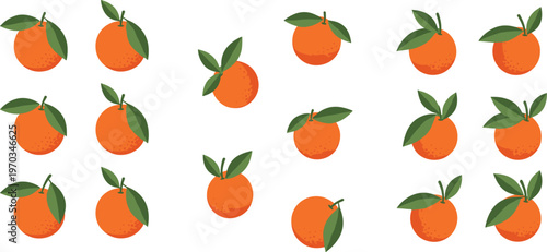 Orange fruit vector pattern set. Collection of whole oranges with green leaves arranged in grid layout. Flat citrus illustration for food design, packaging and fresh natural themes.