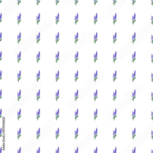 Seamless vector pattern with lavender spring flowers arranged in neat rows on white background. Decorative geometric floral repeat for textile and print.