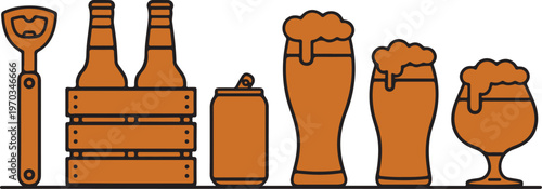 Flat Line Art Beer Beverage Bottles Cans and Glassware Set