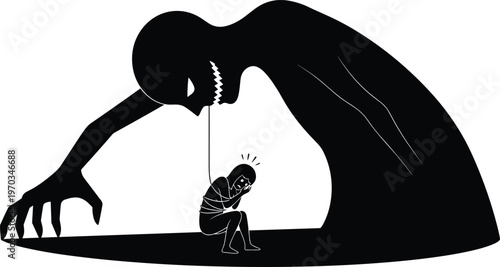 Psychological manipulation concept vector illustration, controlling shadow dominating scared person, mental abuse fear symbol, power influence metaphor, dark silhouette isolated social issue design