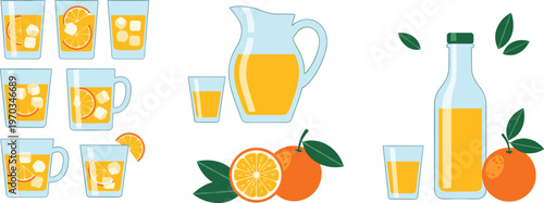 Orange juice vector set. Fresh citrus drink collection with glasses, pitcher and bottle. Flat illustration for beverage branding, menu design, packaging and healthy lifestyle concepts.