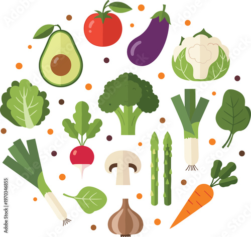 Schilderij op canvas Vegetable circle composition flat vector set