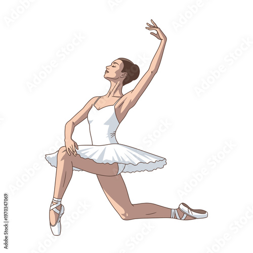 Elegant ballerina in a white tutu performing a graceful dance pose
