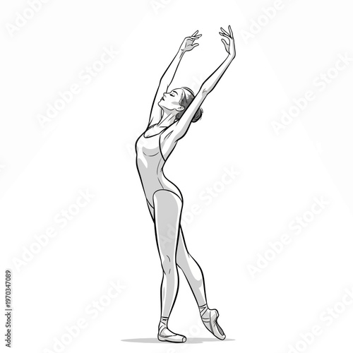Elegant ballerina in a graceful dance pose, wearing a leotard and pointe shoes, artistic sketch illustration