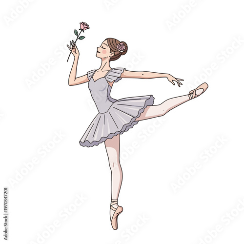 Elegant ballerina dancing with a pink rose in a light grey tutu
