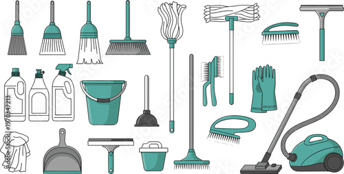 Complete Set of Cleaning Tools and Supplies Icons with Brooms, Mops, Vacuum Cleaner, Cleaning Gloves, Buckets, Brushes, and Spray Bottles for Home, Office, and Janitorial Use