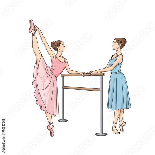 Two ballerinas practicing at a ballet barre, one stretching her leg high and the other standing gracefully