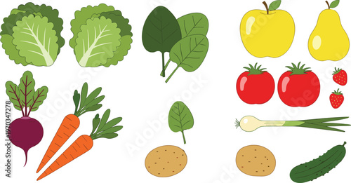 Colorful fruits and vegetables flat vector collection. Fresh organic produce icons including carrot beetroot tomato apple pear and greens. Healthy food illustrations for grocery and nutrition design.