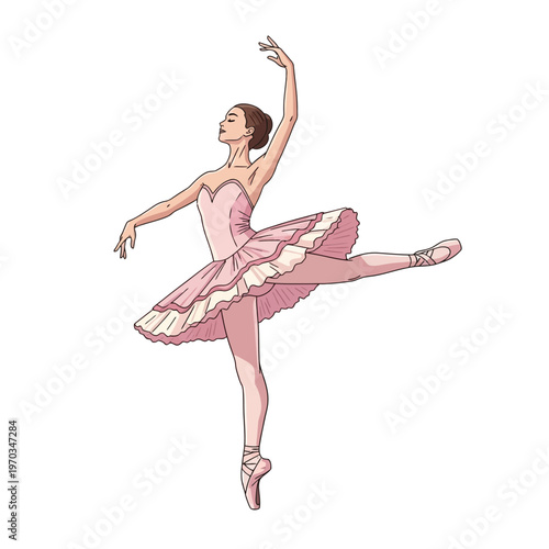 Graceful ballerina dancing in a pink tutu, elegant ballet pose, artistic illustration of a female dancer performing on pointe shoes