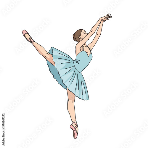 Graceful ballerina dancing in a light blue tutu, performing an elegant ballet pose on pointe