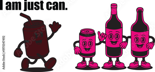Playful Can and Bottle Drink Mascots in Retro Cartoon Style