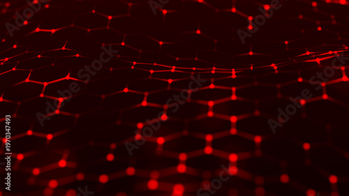 A bright red hexagonal grid undulates smoothly, like a living digital fabric. A futuristic hexagonal background. Glowing nodes are connected by lines, forming a honeycomb structure.
