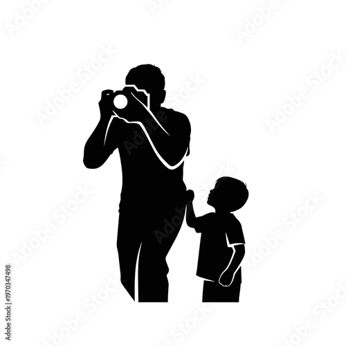 A minimalist black silhouette featuring a father taking a photo with a professional camera while his young child stands curiously by his side. Ideal for family blogs and parenting websites.