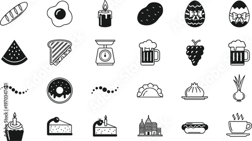 Food and Beverage Icons Set with Bread, Eggs, Donuts, Cake, Coffee, Beer, Fruits, and Desserts for Culinary, Dining, and Restaurant Themes