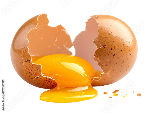 Cracked egg shell spilling fresh yolk