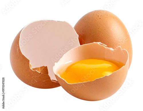 Brown chicken egg, broken shell with raw yolk