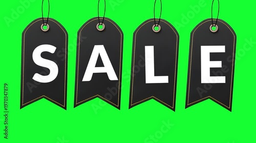 A set of black sale tags on a green background, perfect for marketing and advertising materials