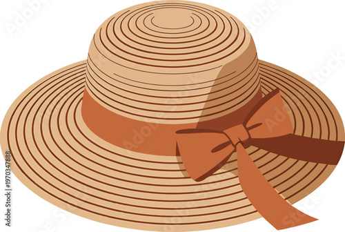 A stylish straw sunhat with a brown ribbon and bow is presented on white
