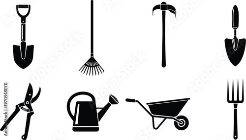 Gardening Tools Icon Set with Shovel, Rake, Pruners, Watering Can, Wheelbarrow, and Trowel for Lawn Care, Planting, and Landscaping Projects