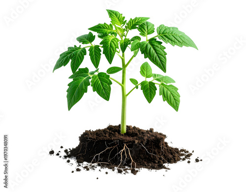 Young tomato plant growing showing roots in soil