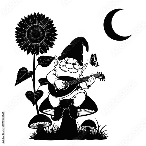 Gnome Fairy Playing a Mandolin on a Mushroom with a Sunflower Butterfly and Crescent Moon