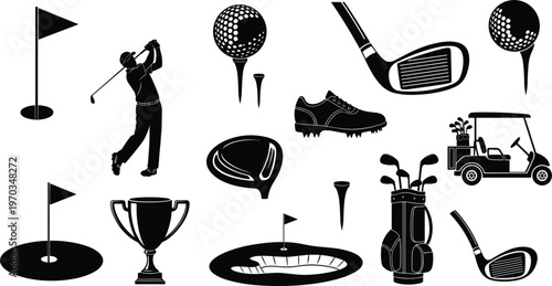 Golf Icons Set with Golf Clubs, Balls, Tee, Golf Cart, Trophy, Golfer, and Golf Course Flags for Sports, Leisure, and Golf Enthusiasts